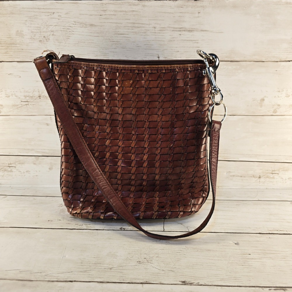 Vintage Fossil Brown Woven Leather Crossbody Bucket Bag 75082